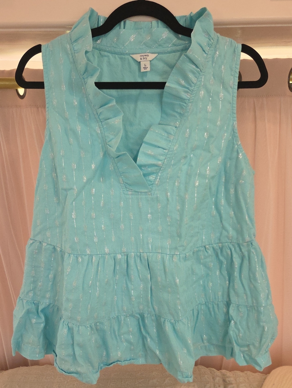 crown & ivy Aqua Metallic-Striped Ruffled V-Neck Tiered Tank